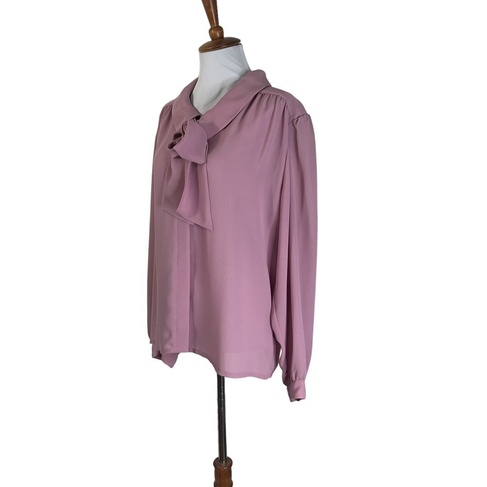 Vintage 1980s Josephine Rose Pink Tie Neck Blouse Xl 16 - Picture 4 of 6